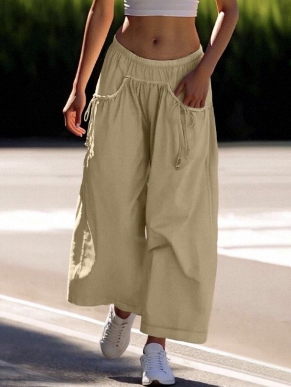 Light Tan Wide Leg Drawstring Nylon Pants Size S